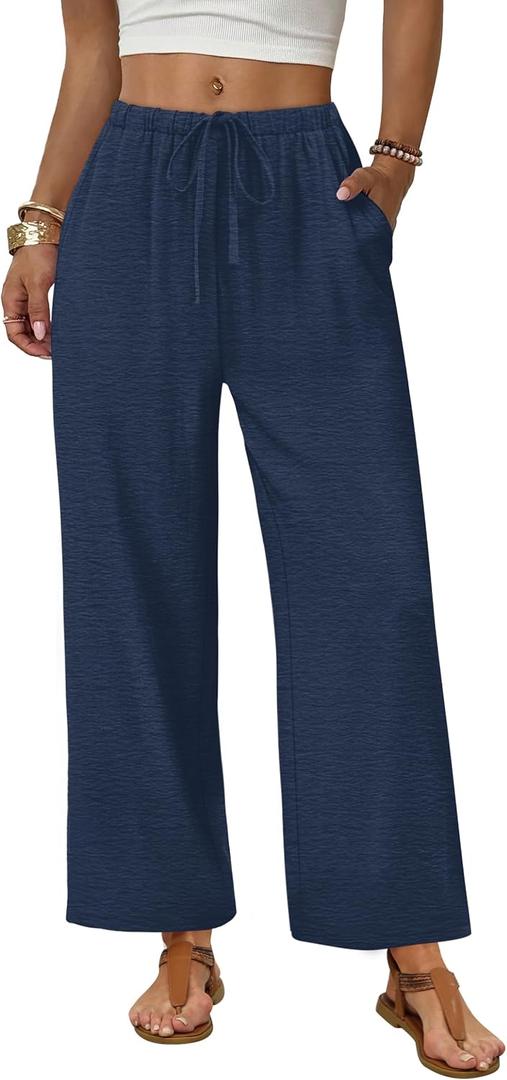 Sampeel Wide Leg Pants Women Casual Palazzo Drawstring Elastic Waist Trousers with Pockets Summer Beach Vacation Clothes,L