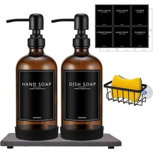 Kitchen Soap Dispenser Set with Instant Dry Tray & Sponge Holder,16 Oz Hand and Dish Soap Amber Glass Dispenser Set,Stainless Steel Pump,Waterproof Labels,Luxury Soap Bottle for Bathroom