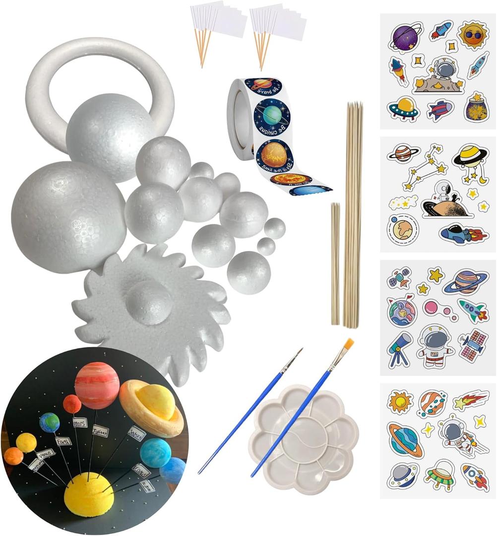 Solar System Model Kit for Crafts, Solar System Project Kit Include Foam Balls, Mixing Tray, Brushes, Sticks, Flags, Stickers (58 Pack Set)