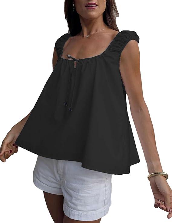 Womens Summer Sleeveless Tops Tie Front Square Neck Tank Top Loose Casual Babydoll Flowy Shirts, L