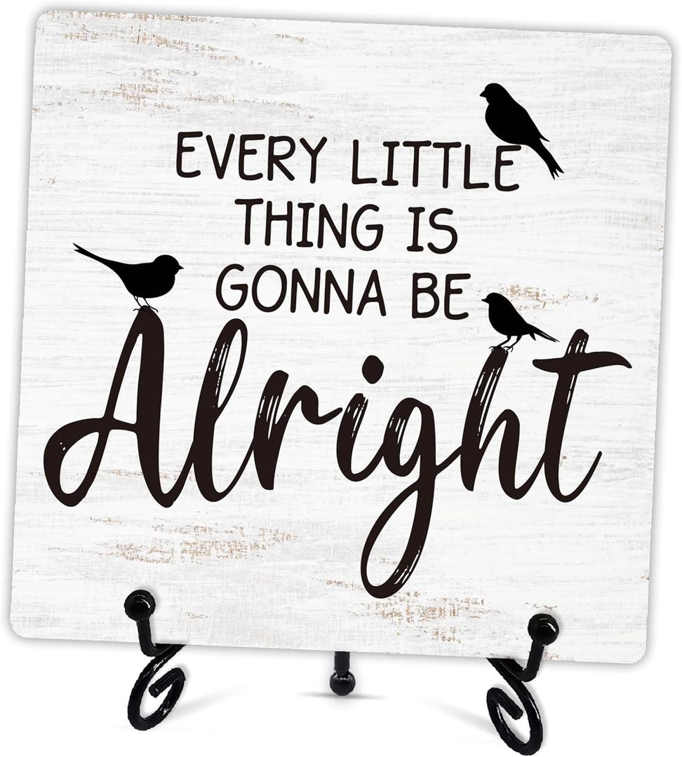 Inspirational Desk Decor Sign, Every Little Thing Is Gonna Be Alright,Wooden Sign With Metal Stand, Three Little Birds Sign Gifts, For Home Office Desk Decor,Uplifting Gifts For Family Coworker, A16