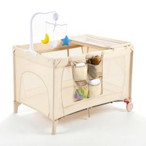 Pack and Play with Changing Table & Carry Bag, 4-in-1 Portable Crib Playpen for Newborn to Toddler, ASTM Certified Foldable Travel Crib with Bassinet(C-Khaki)