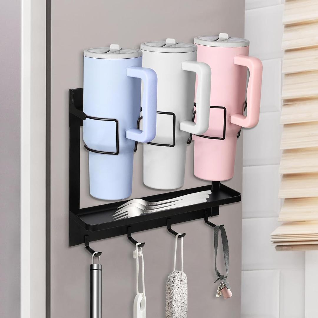 Water Bottle Origanizer for Stanley Cup 30/40 oz Tumbler with Handle, Self-Adhesive Cup Holder with 4 Hooks for Fridge/Wall/Door, Bottle Drying Rack with Lid Straw Organizer
