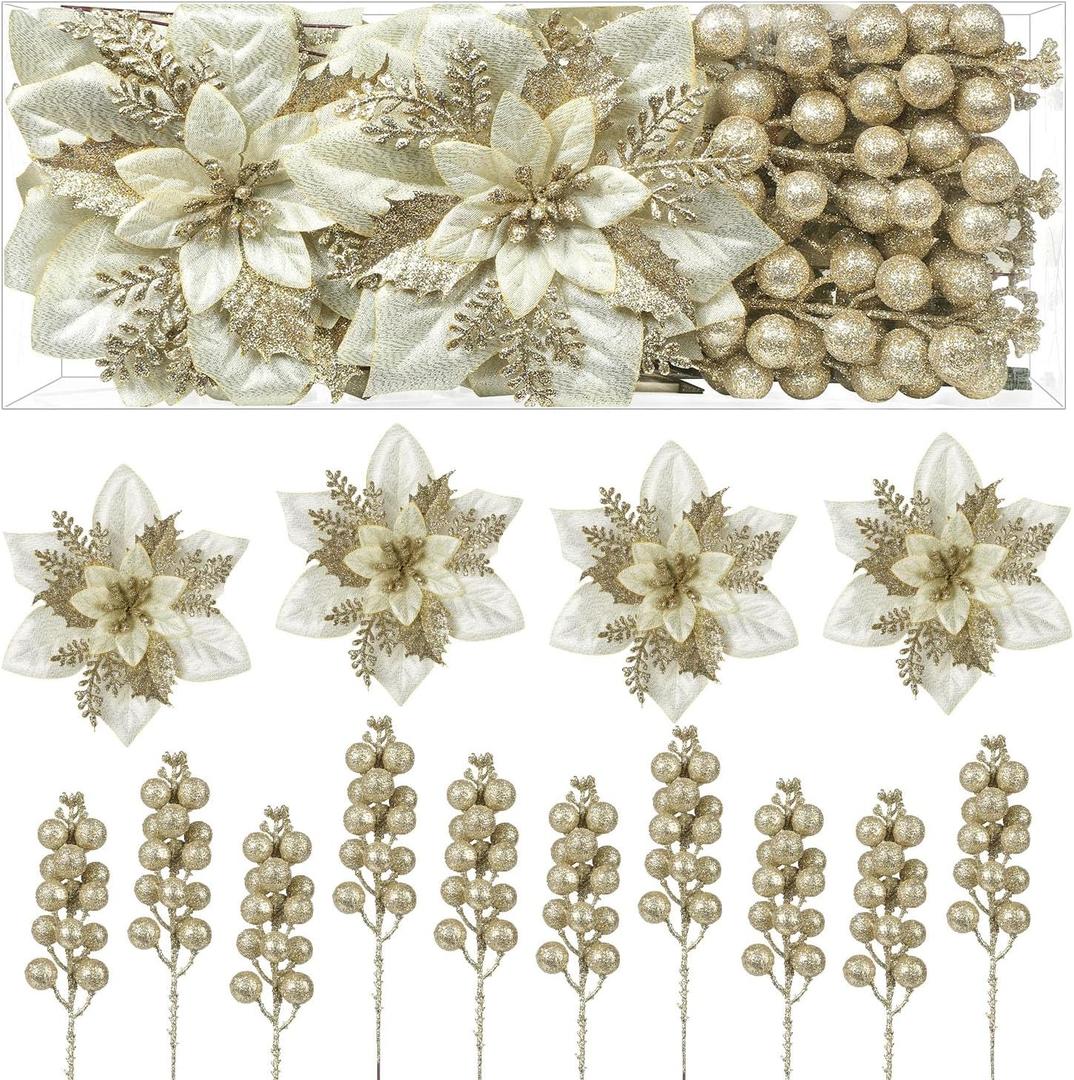 Alupssuc 24 Pieces Christmas Tree Decorations, 12 PCS Champagne Gold Poinsettia Flowers Artificial and 12 PCS Christmas Tree Picks for Christmas Decorations Party Wreath Fireplace, Champagne Gold