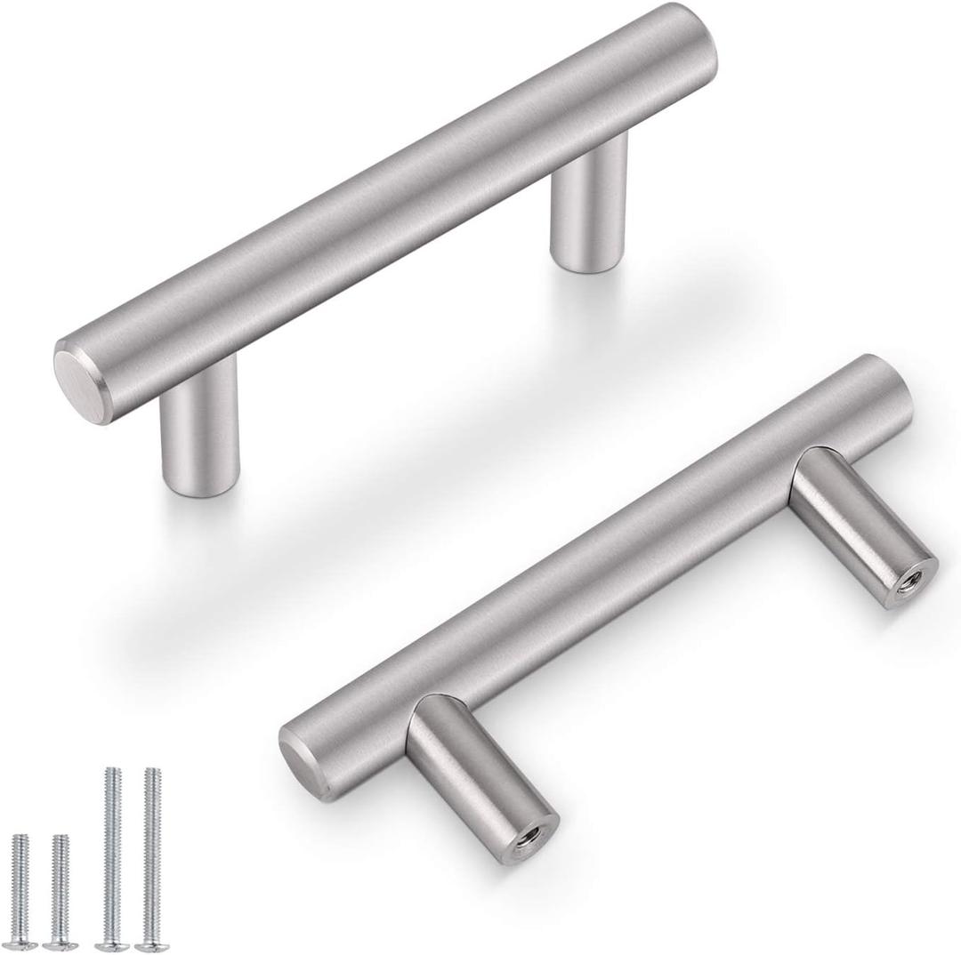 Probrico 5 Pack 2-1/2" Hole Center Solid Stainless Steel T Bar Cabinet Pulls Modern Euro Style Brushed Nickel Kitchen Cupboard Handles Dresser Drawer Knobs Kitchen Cabinet Hardware 4" Length