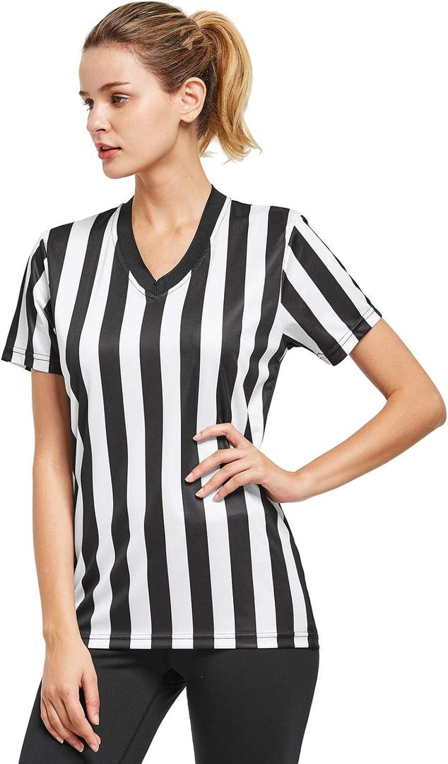 FitsT4 Sports Women's Official Black & White Stripe Referee Shirt Pro Uniform Jersey Short Sleeve Waitresses Costume Small