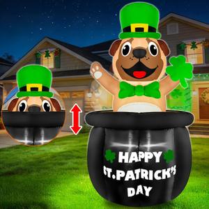 5 Ft Animated St Patricks Day Inflatables Outdoor Decoration Blow Up Bulldog Holding Lucky Shamrock in Pot of Gold Built-in LED Lights St Patrick's Decor for Party Home Lawn Patio Yard Garden