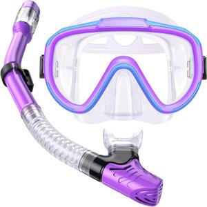 Kids Snorkel Set, Anti-Fog Panoramic Tempered Glass Kids Snorkel mask, Anti-Leak Scuba Diving Mask with Mesh Bag, Dry Top Snorkeling Gear for Kids and Youth Age 4-16 (Blue+Purple+Transparent)