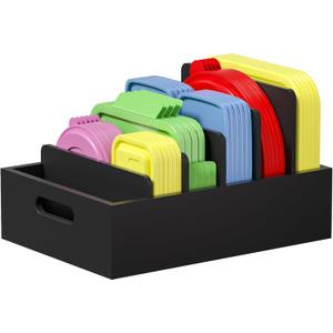 Bamboo Lid Organizers Inside Cabine, Lid Organizer Kitchen Cabinet with 5 Adjustable Dividers, Food Container Plastic Lids Organizer Holders for Drawer Pantry, Black