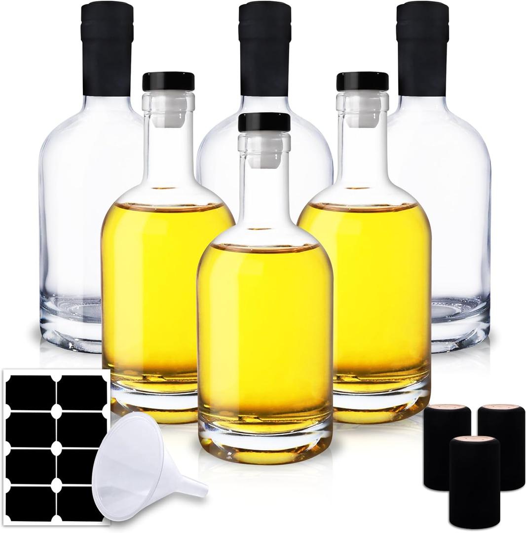 12 OZ Clear Glass Bottles with Cork, 6 Pack 375 ML Liquor Bottles with T-shaped Stopper Caps and PVC Shrink Capsules, Empty Heavy Base Bottles for Whiskey