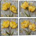 HJY Art Yellow Tulip Wall Art, 4pcs Framed Canvas Prints, 12x12 inches, Rustic Floral Theme, Multi-room Wall Decor (Yellow Gray and Black)