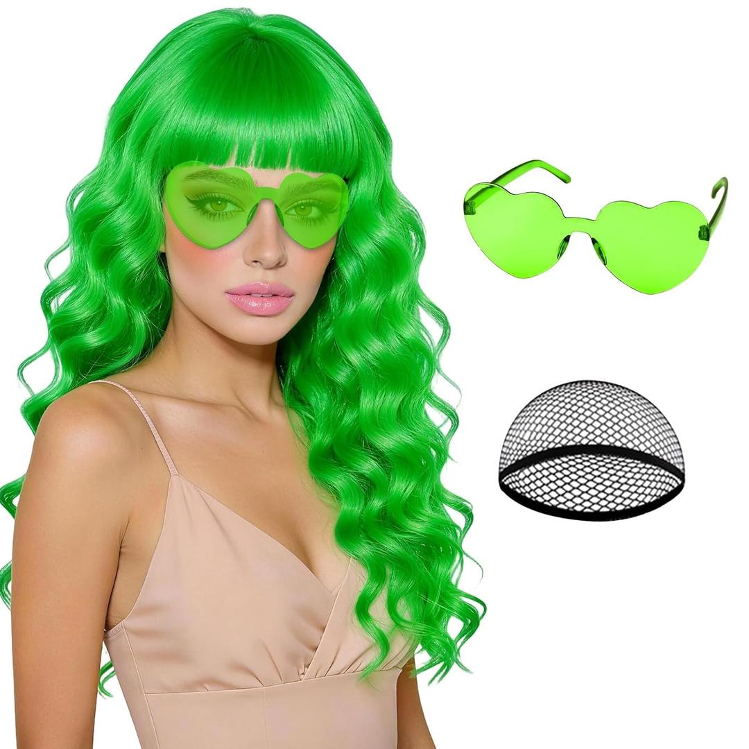 Grass Green Wavy Wig with Bangs Heart Sunglasses for Women, Neon Long Curly Funny Wigs Funny Party Synthetic Hair for St. Patrick's Day Cosplay Christmas Halloween Costume Bachelorette Party