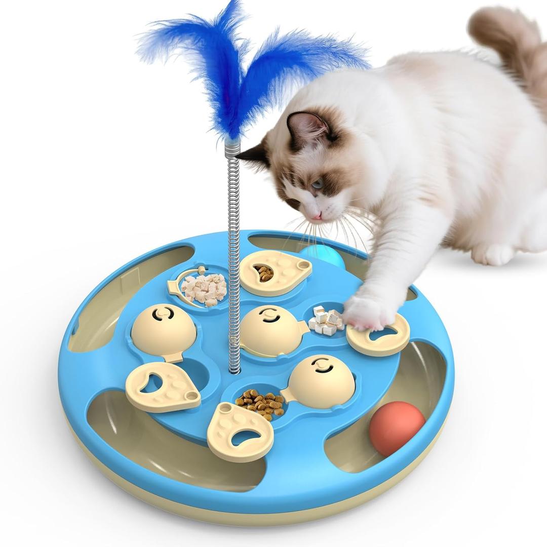 Cat Puzzle Toys Games Level 3 in 1 with Track Balls, Feather Teaser & Treat Feeder | Non-Slip Base | Mental Stimulation Enrichment for Indoor Cats | Kitty Gift, Blue