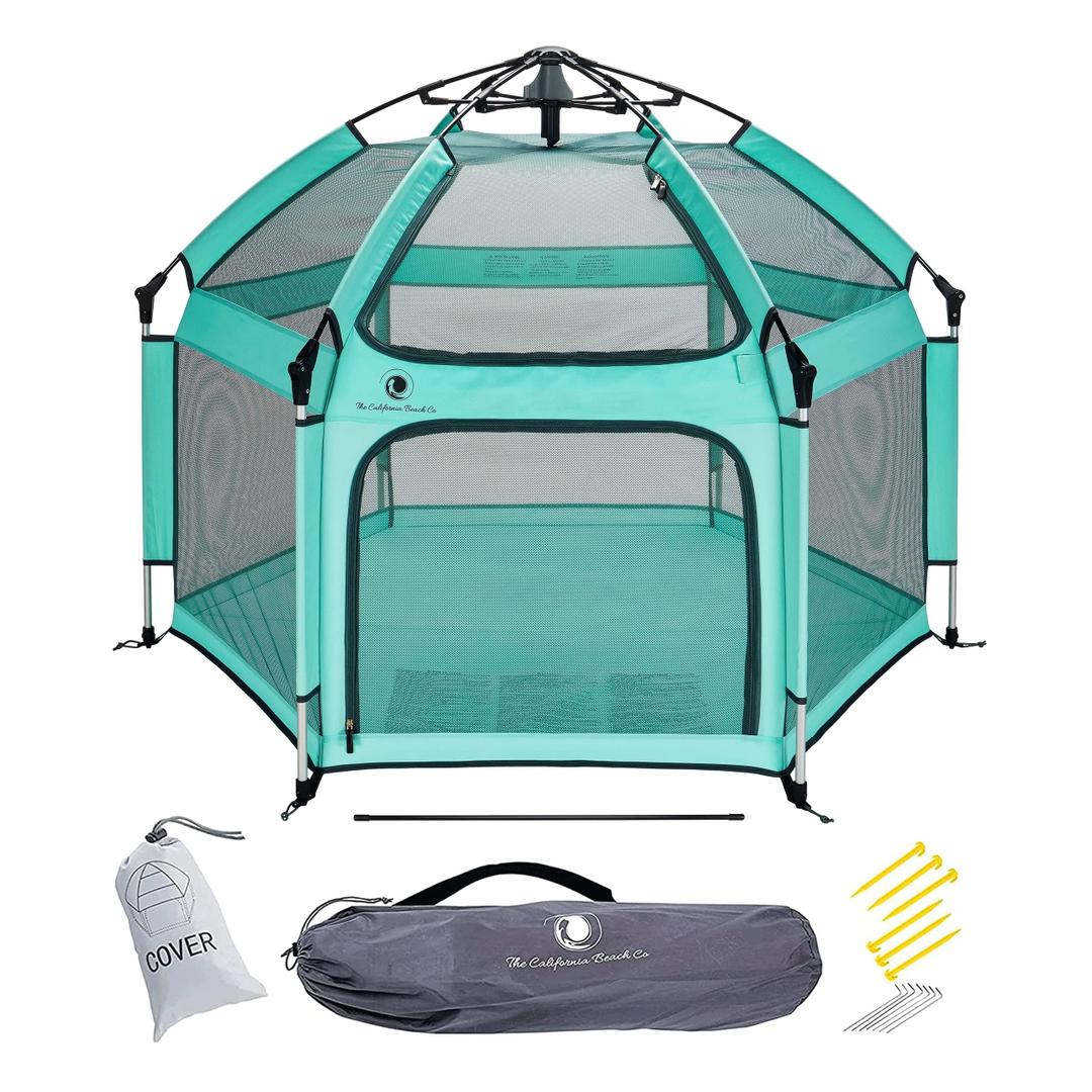 Pop 'N Go Baby Playpen, Pack N Play with Canopy, Beach Tent, Sweet Mint | Patented “pop-up and release” technology with secure safety lock, bug proof mesh, aluminum frame carry bag 12 stakes included
