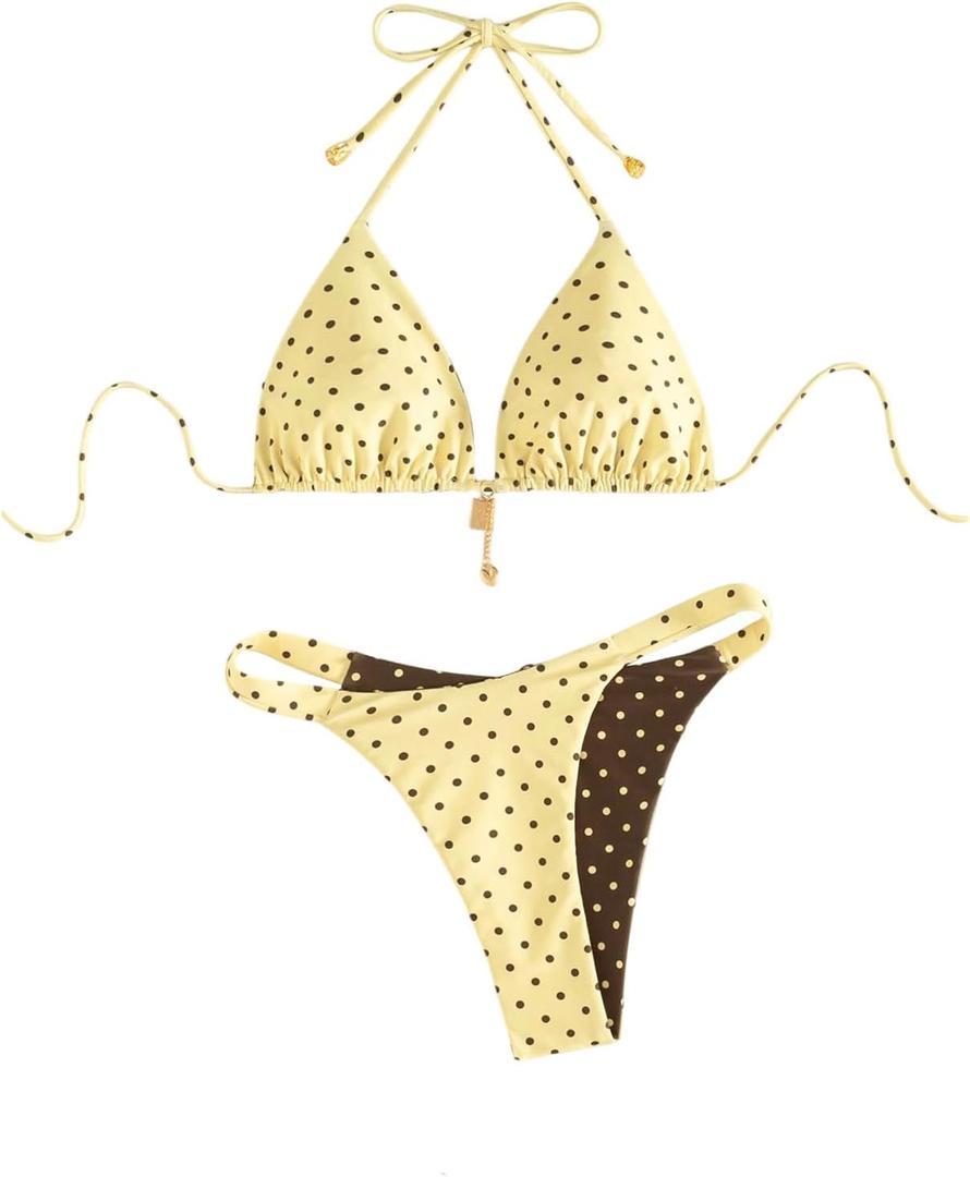 SOLY HUX Women's Polka Dots Bikini Set Halter Triangle String Thong Reversible Summer Beach Two Piece Swimsuit (Multicolor), Small