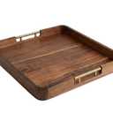 Acacia Wood Serving Tray with Metal Handles, 19.5x19.5in Food Drinks Tray for Coffee Table, Breakfast, Dinner & Bar, Natural Decorative Storage Tray for Ottoman, Kitchen