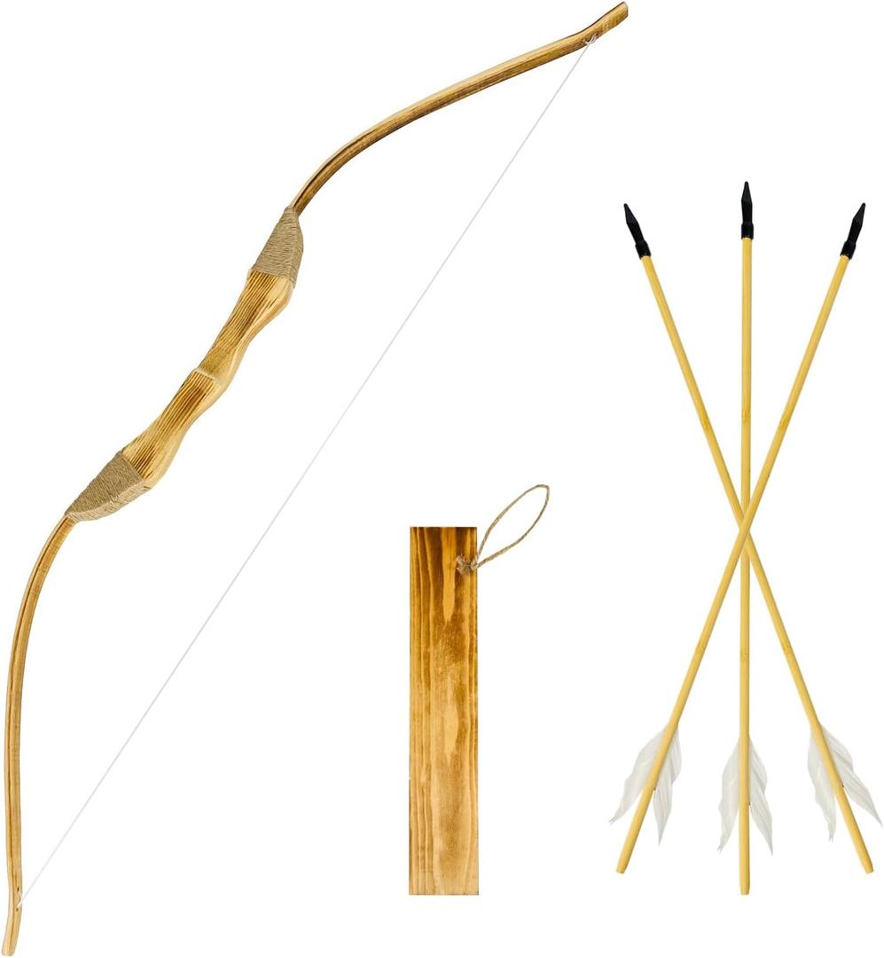 Basbon Youth Wooden Bow and Arrow Set, 40 Inch Handmade Wooden Bow and Arrow Cosplay Costume Prop Archery Set Games Toys, 1 Bows 1 Quivers and 3 Feather Arrows, Gifts for Kids Youth Boys and Girl