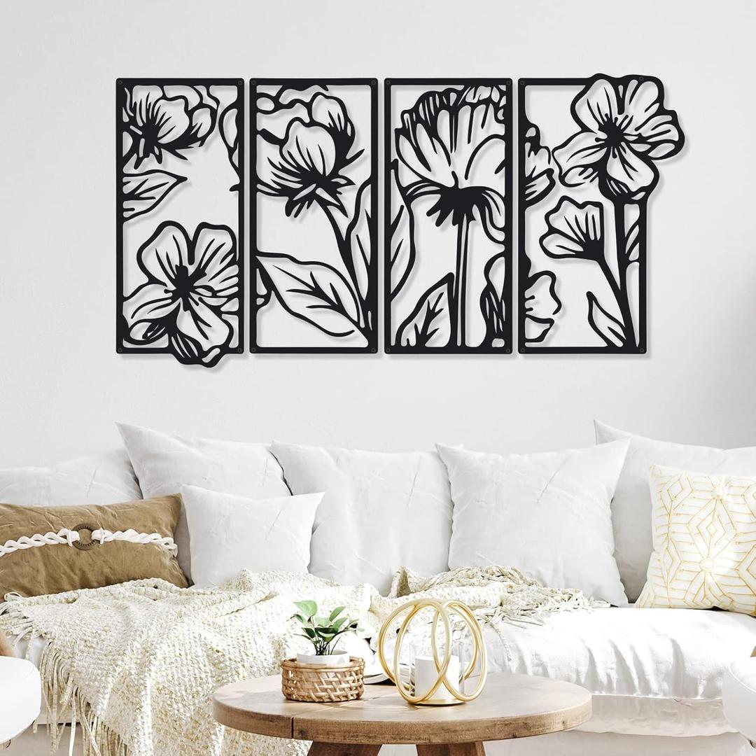 Cunno 4 Pcs Black Metal Flower Wall Decor Minimalist Art Wall Hanging Living Room Bedroom Floral Aesthetic Modern Sculpture Poppy Theme Home Kitchen Bathroom
