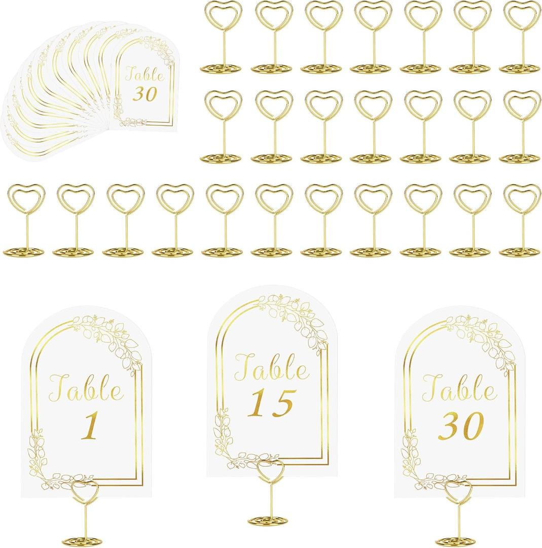 JOYIT Wedding Table Numbers 1-30 with 30 Heart Holders, White Gold Cards & Place Card Holders, 4" x 6" for Wedding & Birthday (30 Cards+30 Holders(Heart))
