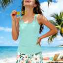 Girls Tankini Swimsuit 3 Piece Bathing Suits for Girl Square Collar Tankinis Set Girls' Swimwear with Print Shorts (Blue) 13-14Y