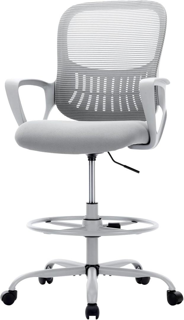 Sweetcrispy Home Office Drafting Chair - Ergonomic High Stool Computer with Adjustable Height and Comfy Lumbar Support, Tall Rolling Task for Standing Desk with Fixed Arm and Footrest, Grey