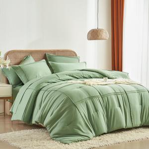 Yogeneg King Size Comforter Set 7 Piece Bed in a Bag,Grid Pinch Pleat Sage Green Bedding Set,Striped Textured Soft Microfiber Comforter with Sheet Set,All Season Complete Bed Set(Sage Green,King)