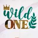 Wild One Acrylic Cake Topper, Double Layer Design Clear and Green with Gold Letters, 6.2 x 5.5 Inch