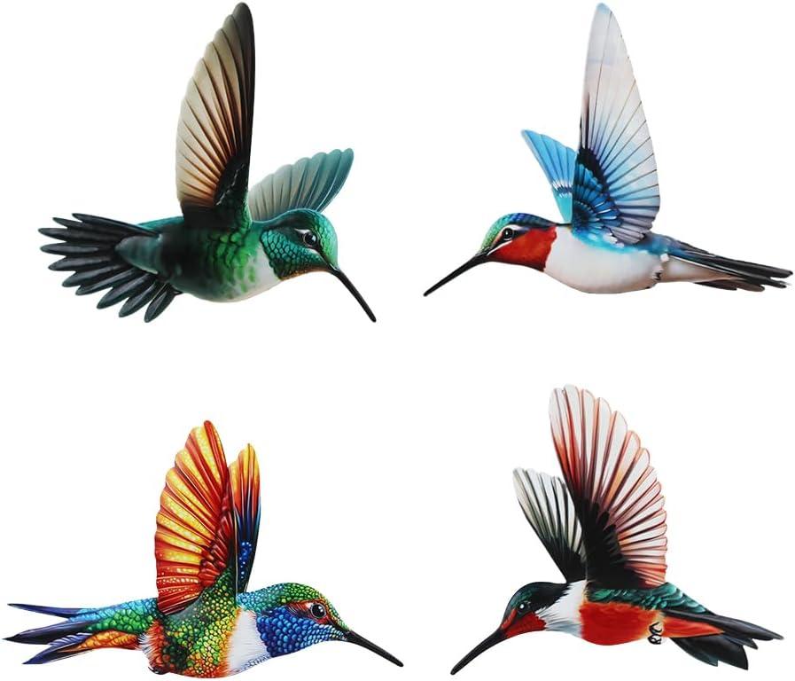 dreamskip 4 Pack Metal Hummingbird Wall Art Garden Decor, Birds Outdoor Wall Art Yard Patio Fence Decoration, 3D Colorful Bird Wall Hanging Sculpture Outside Livingroom Gift for Women Mom