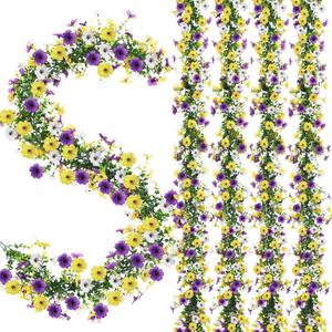 4 Pcs 6 ft Artificial Flowers Wisteria Garland-Total 24 ft Fake Hanging Wisteria Flowers Green Vines Garlands, Faux Flower Daisy with Eucalyptus Leaves for Garden Decor (Mixed 3 Colors)