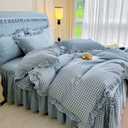 LifeTB Blue Gingham Comforter Set King 3 Pieces Ruffle Plaid Checkered Pattern Comforter Chic Gingham Bedding Set Fluffy Soft Grid Plaid Bedding Comforter Farmhouse Checkered Comforter Set King