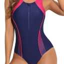 beautyin Women Front Zip One Piece Swimsuit Athletic Racerback Lap Bathing Suit (Medium, Hot Pink/Navy)
