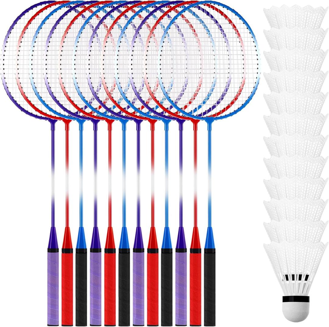 Meooeck 12 Pcs Badminton Rackets Set for Adults and Teenagers Badminton Set with 12 Pcs Nylon Shuttlecocks for Backyard Gym Beach Outdoor Games, Red, Purple and Blue, 26 x 8"