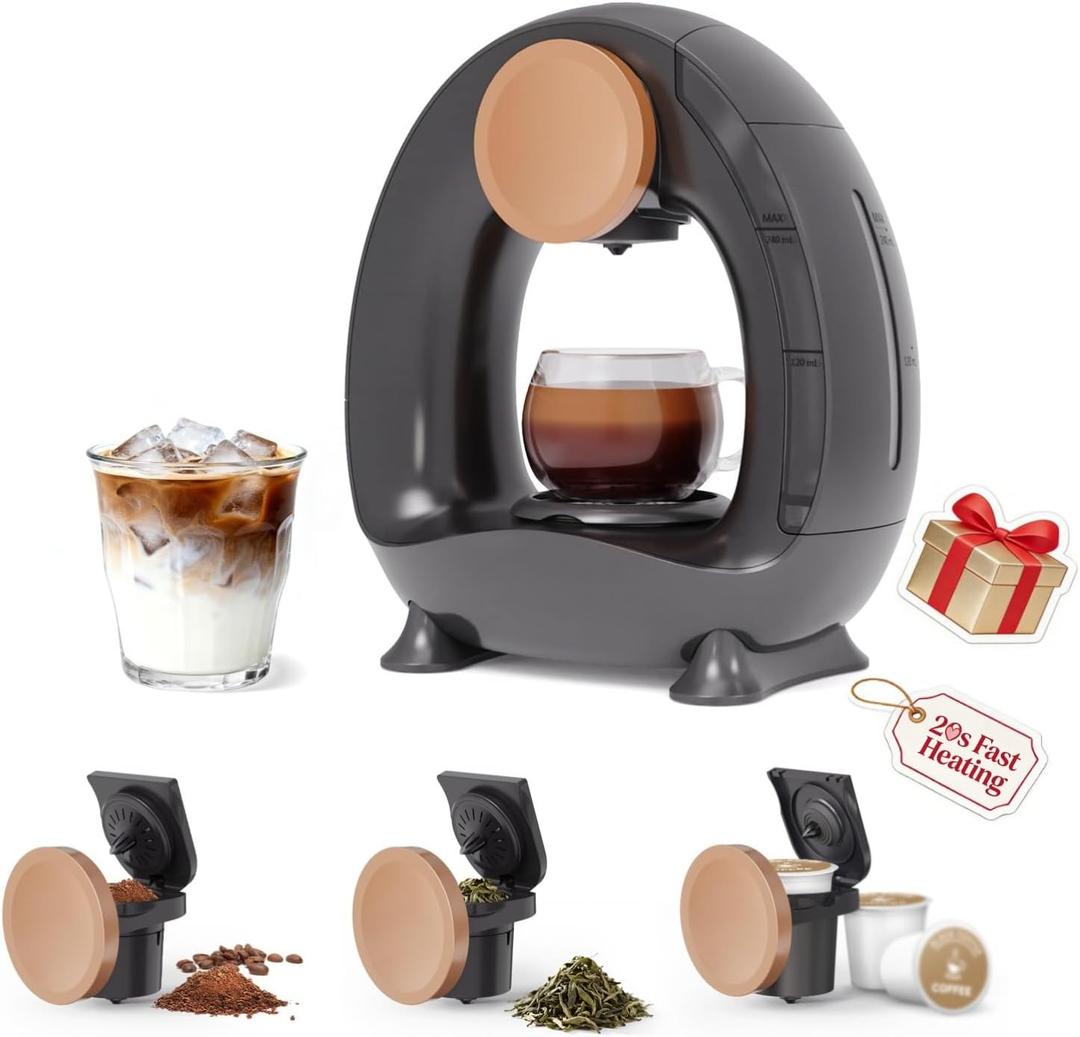 3-in-1 Single-Serve Coffee Maker for K-Cup, Ground Coffee and Tea Leaves, 1400W 20s Fast Heating Mini K Cup Coffee Brewer, One Button Operation, for Small Spaces-Glass not included