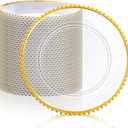 Hoolerry 50 Pack Clear Charger Plates Bulk 13 Inch Plastic Round Beaded Dinner Chargers Acrylic Frosted Grain Decorative Service Plates for Wedding Party Event, Home and Kitchen Tabletop (Gold)