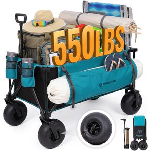 FUNDANGO 300L Large Beach Wagon with Big Wheels for Sand, 550lbs Heavy Duty Beach Wagons with Balloon Wheel, Folding Collapsible All Terrian Cart with Side Pockets for Sports, Camping, Pump Included