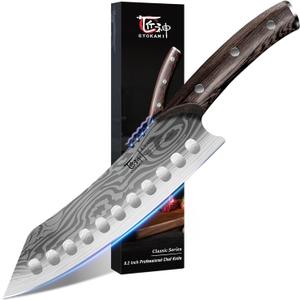 SYOKAMI Japanese Kitchen Knife, 8.2 Inch Chef Knife, Carbon Steel Kiritsuke, Razor Sharp Santoku for Precision Cutting, Damascus Pattern, Full Tang Wood Handle,Thanksgiving Christmas Cooking Gifts