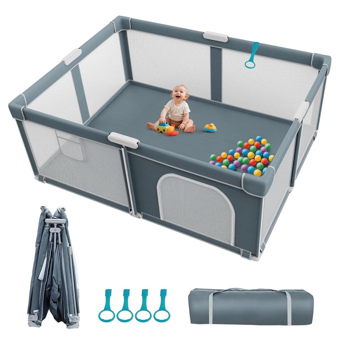 Foldable Baby Playpen - 71"x59" Collapsible Play Pen for Babies and Toddlers - Indoor Outdoor Foldable Play Yard with 4 Handles - Folding Baby Playpen with Bag Portable Travel Play Yard