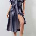 Women's Striped Button Front Pleated Maxi Shirt Dress Short Sleeve Collar V Neck Summer Casual Corset Long Dress (Blue, XL)