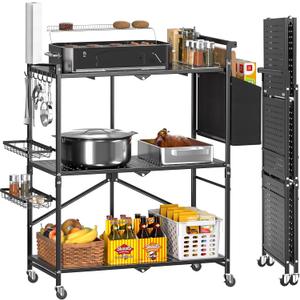 DTUQYX Foldable Outdoor Grill Cart with 3-Tier, Grill Table with 2 Locking Casters, Multi-Functional BBQ Cart, Portable Pizza Oven Stand Table, Rolling Kitchen Island for Outside, Black