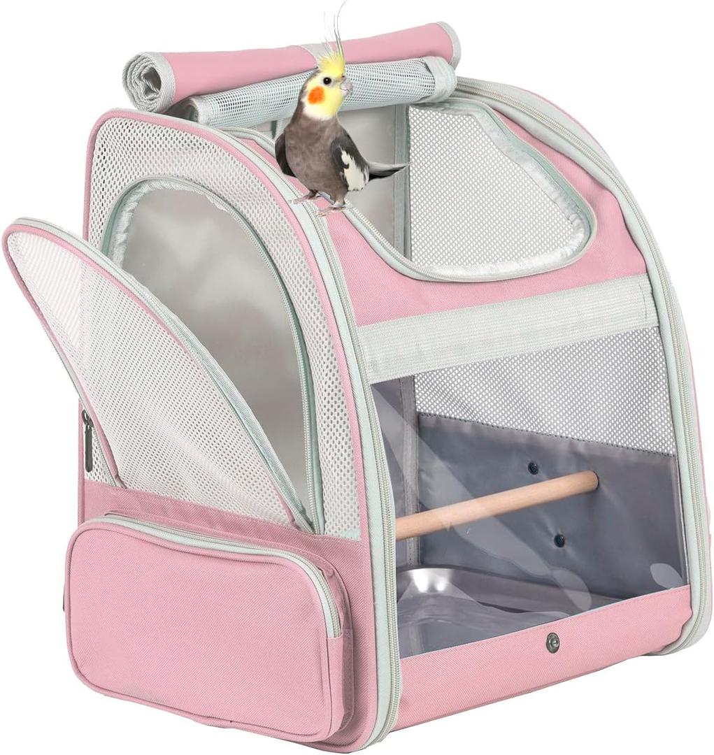 Bird Carrier Backpack with Wooden Stand Perch, Vented and Breathable Bag to Carry Parakeet Cockatiel Conure Parrot (Pink, Bird Backpack)