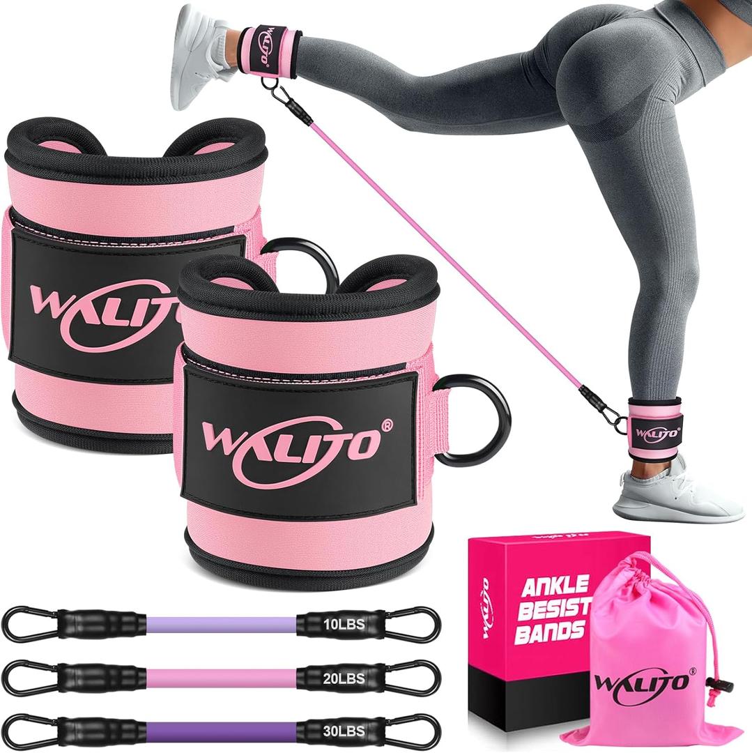 WALITO Ankle Resistance Bands with Cuffs, Exercise Bands for Legs and Butt, Booty Workout Equipment for Kickbacks and Hip Fitness Training (Pink)