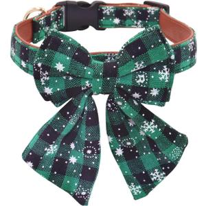 THAIN Christmas Dog Collar with Style Bow, Quick Release Plastic Buckle Adjustable Cotton Red Bowtie Dog Christmas Collars for Large Dogs Pets (L, Christmas Green)