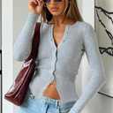 ICNGLKSND Women Long Sleeve Button Front Knit Crop Tops Front Split Crewneck Slim Fit Sexy Crop Tee Short Shirt Blouse (Gray, S)