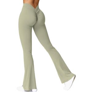 YEOREO Scrunch Flare Leggings V Back Butt Lifting Wide Leg High Waist 31.5" Gym Workout Yoga Pants (Large, Green)
