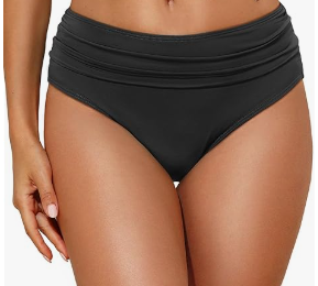 Tempt Me Women Mid Rise Bikini Bottoms Full Coverage Swimsuit Ruched Scrunch Swim Bottom, Black, Small