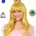 Blonde Curly Princess Costume Wig Set Long Blonde Wave Princess Cosplay Wigs with Bangs 25.6'' Light Golden Synthetic Hair for Women Halloween Party