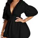 WDIRARA Women's Deep V Neck Puff Sleeve High Rise Flare Dress Elastic Waist Dress, Large