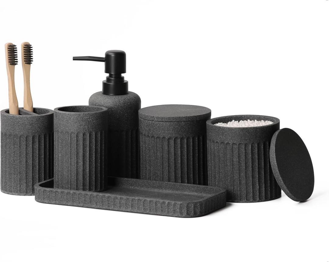 INIUNIK Bathroom Accessory Set - 6 Pieces Bathroom Accessories Set Complete with Soap Dispenser, Toothbrush Holders, Tumbler, Vanity Tray and 2 Qtip Holder for Home Organizer and Decor, Dark Grey