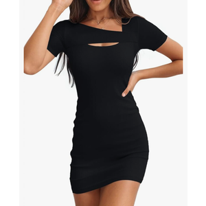Valiamcep Women's Summer Mini Dress Short Sleeve Square Neck Cut Out Sexy Ribbed Knit Fitted Casual Pencil Bodycon Dresses Size Small