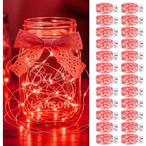 litogo 24 Pack Red Fairy Lights Battery Operated with Timer, 20 LED 3 Modes Twinkle Light, 7ft Waterproof Silver Wire Mini Small Bulk Mason Jar String Light, Decor for Wedding Party Christmas